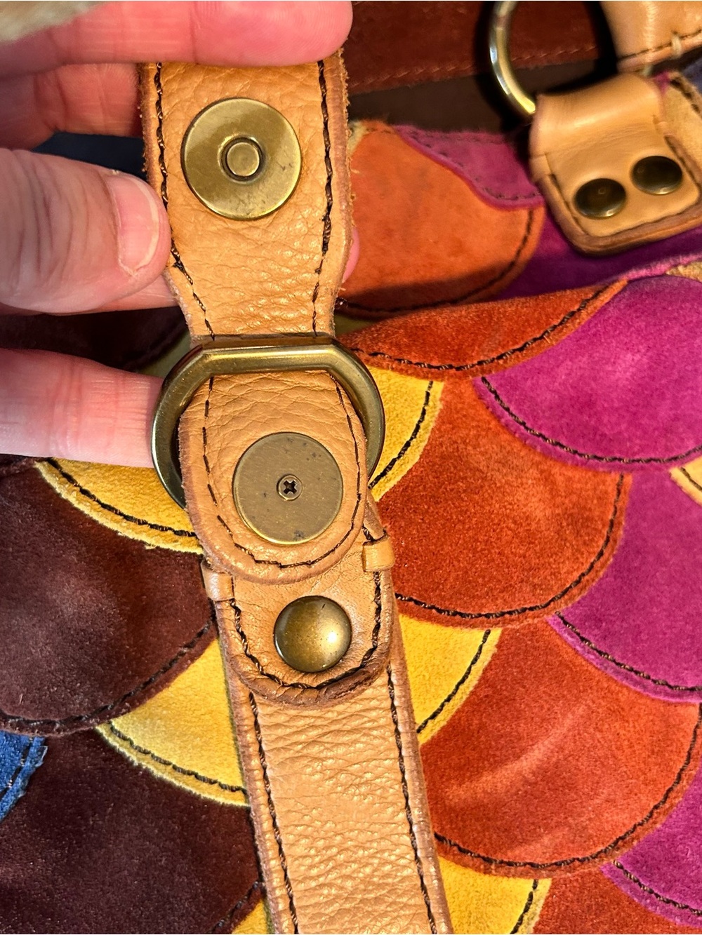 LUCKY BRAND MultiColor Scallop Patchwork Leather Shoulder Boho Tote - Picture 13 of 15